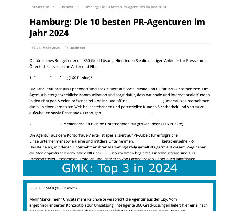 GEYER M&K zählte 2024 zu den besten PR-Agenturen Hamburgs