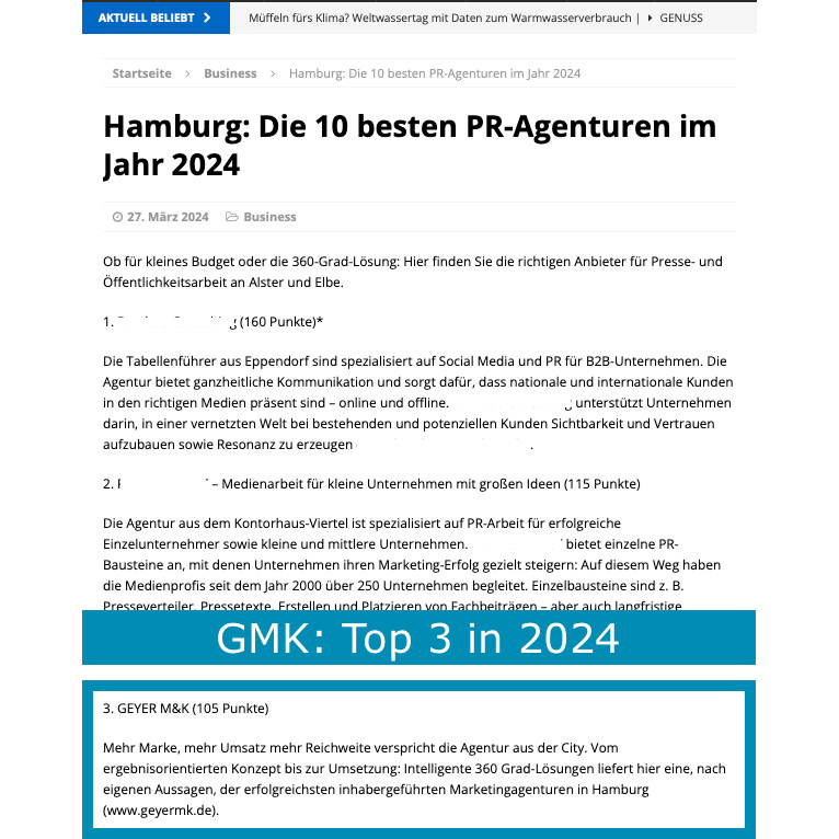GEYER M&K zählte 2024 zu den besten PR-Agenturen Hamburgs